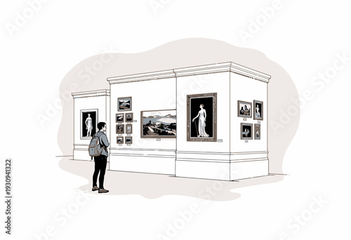 Illustrated Art Gallery Exhibition with Visitor Admiring Classical and Modern Artworks on White Walls, Featuring Paintings and Sculptures