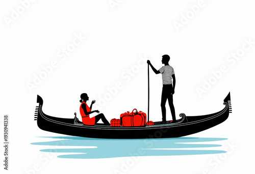 Silhouette Illustration of a Gondolier Rowing a Couple with Luggage across Calm Waters in a Traditional Gondola against a Minimalist Backdrop