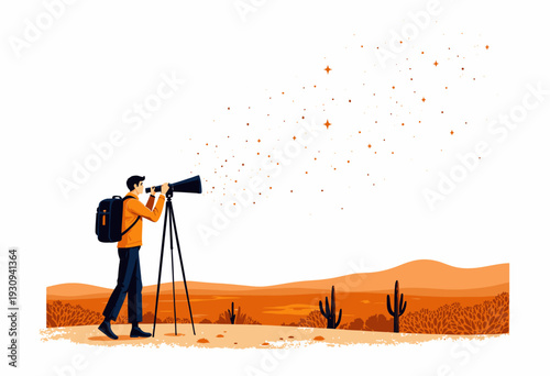 Exploring Celestial Wonders: Stargazer with Telescope Gazing at Glittering Stars in a Vast Open Desert Landscape under a Clear Night Sky