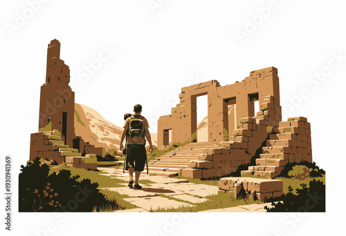 Exploring Ancient Ruins in a Desert Landscape with a Traveler Backpack and Dramatic Stone Structures