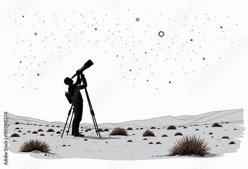 Silhouette of a Stargazer in a Desert Landscape Capturing the Night Sky with a Telescope Amidst Sparse Vegetation under a Starry Canopy