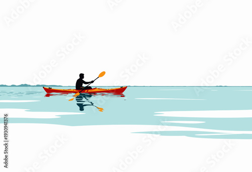 Serene Kayaking Adventure on Calm Waters Featuring Lone Paddler in Vibrant Red Kayak Under Expansive Blue Skies Reflecting Tranquil Natural Beauty