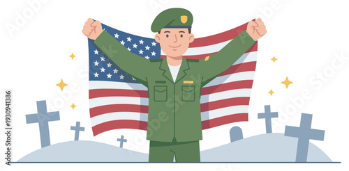 Male soldier holds American flag proudly, standing respectfully near grave markers to honor fallen heroes with sparkling stars.