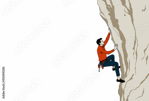 Illustration of a Man Climbing a Sheer Cliff Face with Precision and Strength for an Outdoor Adventure or Rock Climbing Expedition