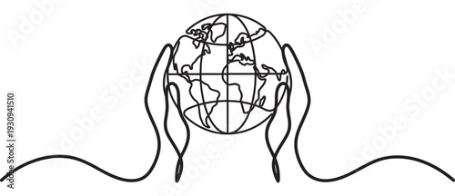 Hands holding globe in continuous line art style symbolizing global care, environmental protection, and interconnectedness of humanity.