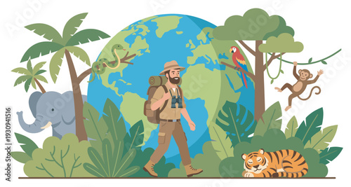 Male explorer with backpack and binoculars walks through a vibrant jungle filled with exotic animals and a large globe.