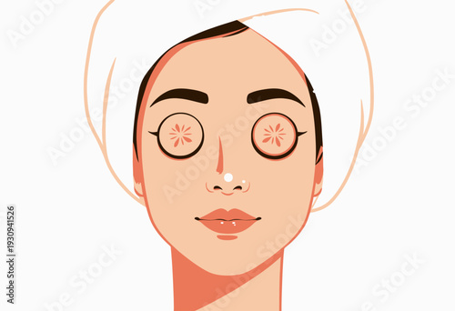 Illustration of Relaxed Woman with Spa Treatment Featuring Cucumber Eye Patches and Towel Wrapped Around Her Head for Facial Rejuvenation