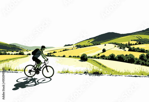 Solo Cyclist Enjoys Tranquil Ride Through Serene Countryside with Rolling Hills and Vibrant Greenery in Sunlit Landscape