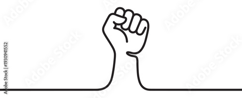 Clenched fist symbol of power and unity rising from a continuous line, representing collective strength, protest, and solidarity for social justice.