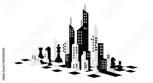 Chess Cityscape Silhouette - Strategic Urban Planning Concept
