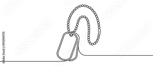 Dog tag on a chain, one continuous line drawing symbolizing military service, personal identity, and the remembrance of veterans.