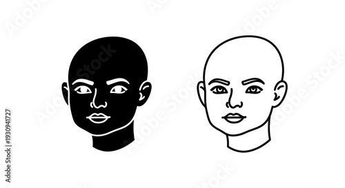 Minimalist line art portraits of a black and white bald person Vector