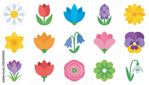 Colorful spring flower illustrations in a delightful collection showcasing various blooming plants and vibrant petals.
