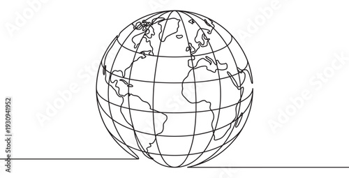 Continuous line drawing of planet Earth globe with continents and grid lines symbolizing global connection and geography.