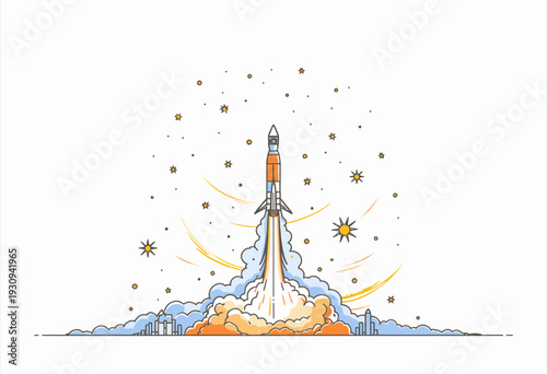 Illustrated Rocket Launch in a Minimalistic Style with Starry Sky and Cityscape Silhouette Below