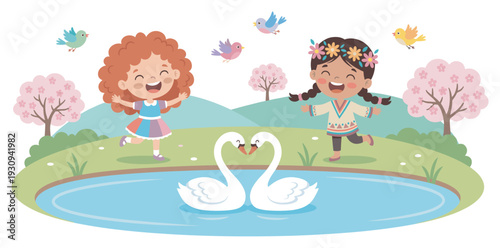 Two happy cartoon girls playing outdoors in a beautiful spring park with swans, birds, and blooming cherry trees.
