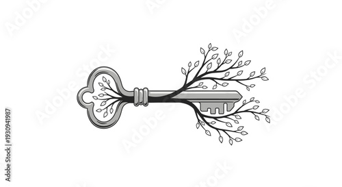 Key with growing branches and leaves, symbolizing new beginnings
