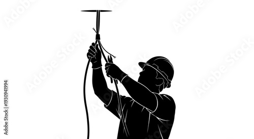 Electrician working on ceiling wiring, silhouette illustration