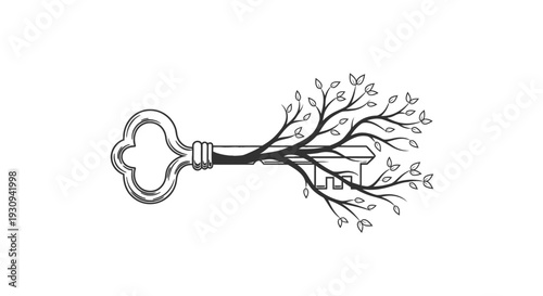 Vintage Key with Growing Tree Branches and Leaves