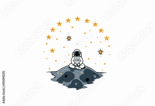 Illustrated astronaut sits contemplatively on a small planet surrounded by twinkling stars in a spacious cosmic scene evoking exploration and wonder