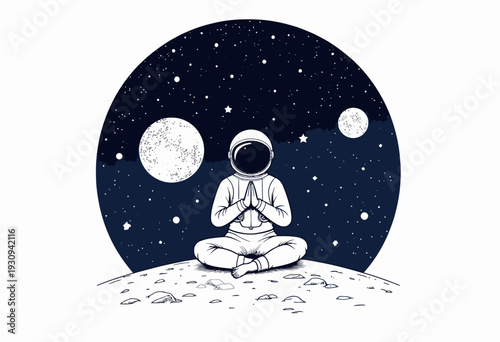 Illustration of an Astronaut Meditating Peacefully on the Surface of a Celestial Body with Stars and Moons in the Cosmic Background