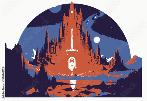 Majestic Castle Illuminated at Twilight with Stellar Backdrop and Reflective Waters in Enchanted Landscape of Rocky Terrains and Towering Peaks