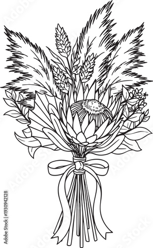 Bohemian Style Bouquet of Dried Flowers and Pampas Grass Tied with a Ribbon