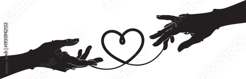 Black silhouette of two hands reaching towards each other with a heart shape connecting them