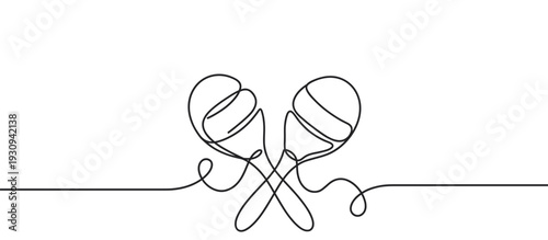 Two maracas musical instruments drawn in a continuous single line art style, symbolizing rhythm and celebration.