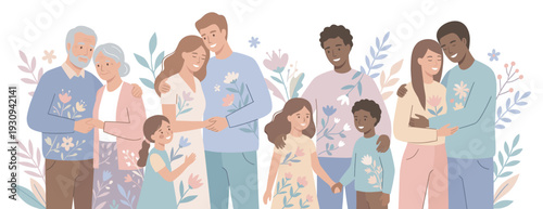 Diverse families of multiple generations embrace with love and happiness, surrounded by gentle floral patterns, symbolizing unity and growth.