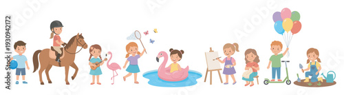 Happy children engaged in various fun activities, including horseback riding, playing music, painting, and gardening, illustrating diverse hobbies.