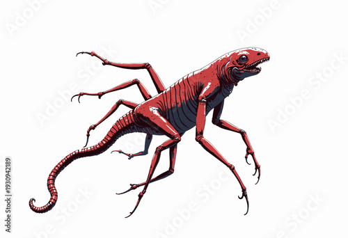 Vividly Imagined Multi-legged Creature with Reptilian Features and Colorful Stripes in a Detailed Artistic Illustration on a Minimalistic Background