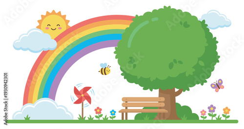 Vibrant nature illustration depicting a joyful outdoor scene with a colorful rainbow, happy sun, lush green tree, and playful garden elements including a bee and butterfly.
