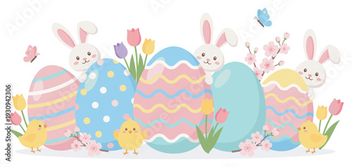 Charming Easter bunnies and eggs are nestled among blooming spring flowers, cheerful chicks, and colorful butterflies.