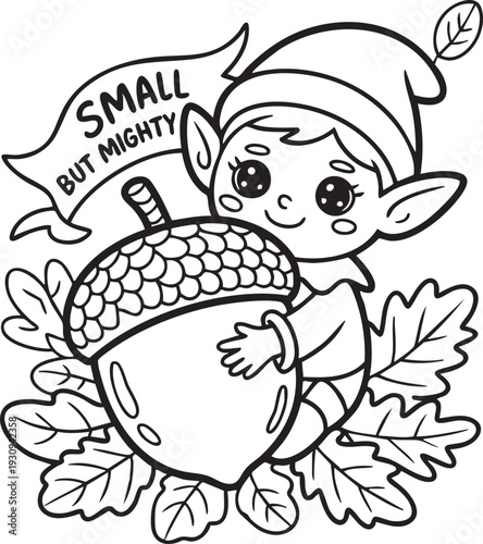 Cute Elf Character Holding a Giant Acorn Surrounded by Oak Leaves with Banner Text Small But Mighty
