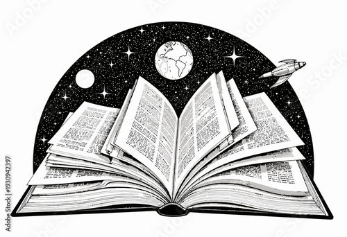 Open Book with Astronomical Background Featuring Space Elements Including Planets, Stars, and a Rocket Illustrating Cosmic Exploration and Knowledge