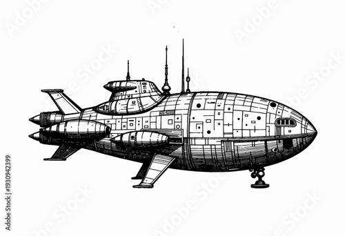 Intricately Detailed Vintage Spacecraft with Antennae and Thrusters Hovering in a Minimalist White Scene Evoking Classic Science Fiction Aesthetics