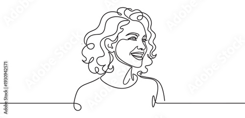 Beautiful smiling woman's face drawn in continuous line art style, capturing a joyful expression with elegant flowing curves.