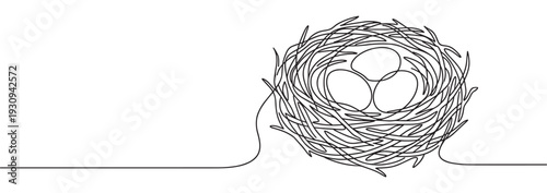 Continuous line drawing bird's nest with three eggs in a minimalist style, symbolizing new life, growth, and the delicate cycle of nature.