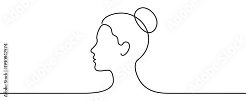 Continuous line drawing woman's head profile minimalist art illustration representing beauty, elegance, and simplicity in a modern style.