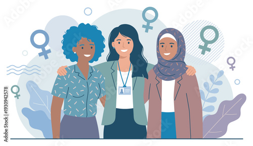 Three diverse women stand together embracing, symbolizing unity, friendship, and female empowerment in a collaborative environment.