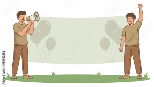 Two men are making an important announcement with a megaphone and a large banner, ready for a public event or celebration.