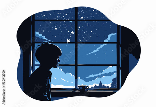 Child Gazing at Starry Night Sky Through Window, Dark Silhouette with Blue Cloudy Background and Scattered Stars With Calm, Reflective Atmosphere