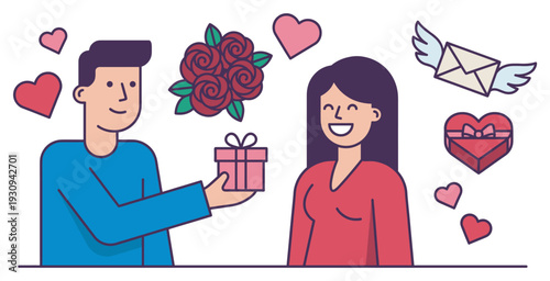 Man gives woman a gift box with love, surrounded by hearts, roses, and other romantic symbols of affection and celebration.