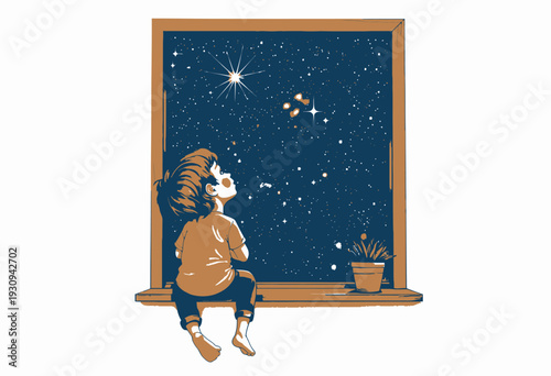 A young child gazes out the window into the vast starry sky, enthralled by the mesmerizing view of the sparkling stars and the mysterious cosmic scenery beyond.