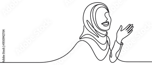 Muslim woman praying with hands raised in spiritual devotion, depicted in a minimalist continuous line art style.