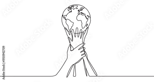 Multiple hands holding the Earth globe in a continuous line drawing style representing global unity and environmental protection.