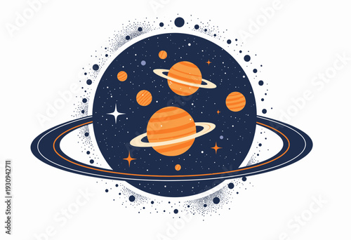 Illustration of a Stylized Planetary System with Multiple Orange Planets Orbiting a Blue Sphere Featuring Rings and Stars in a Modern Cosmic Art Design