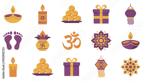 Diwali festival celebration icons and traditional Indian symbols are beautifully illustrated in this vibrant collection.