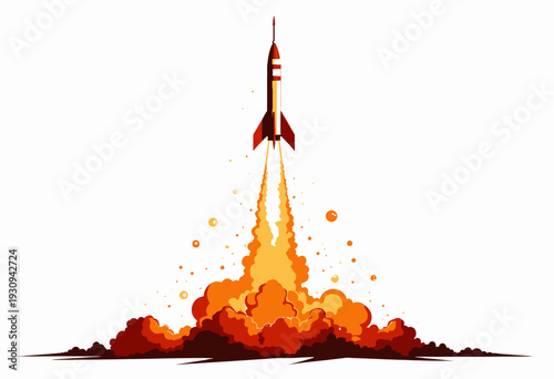 Vibrant Illustration of a Rocket Launching with Fiery Boosters Against a Clear Sky, Capturing the Thrill and Power of Modern Space Exploration and Technology